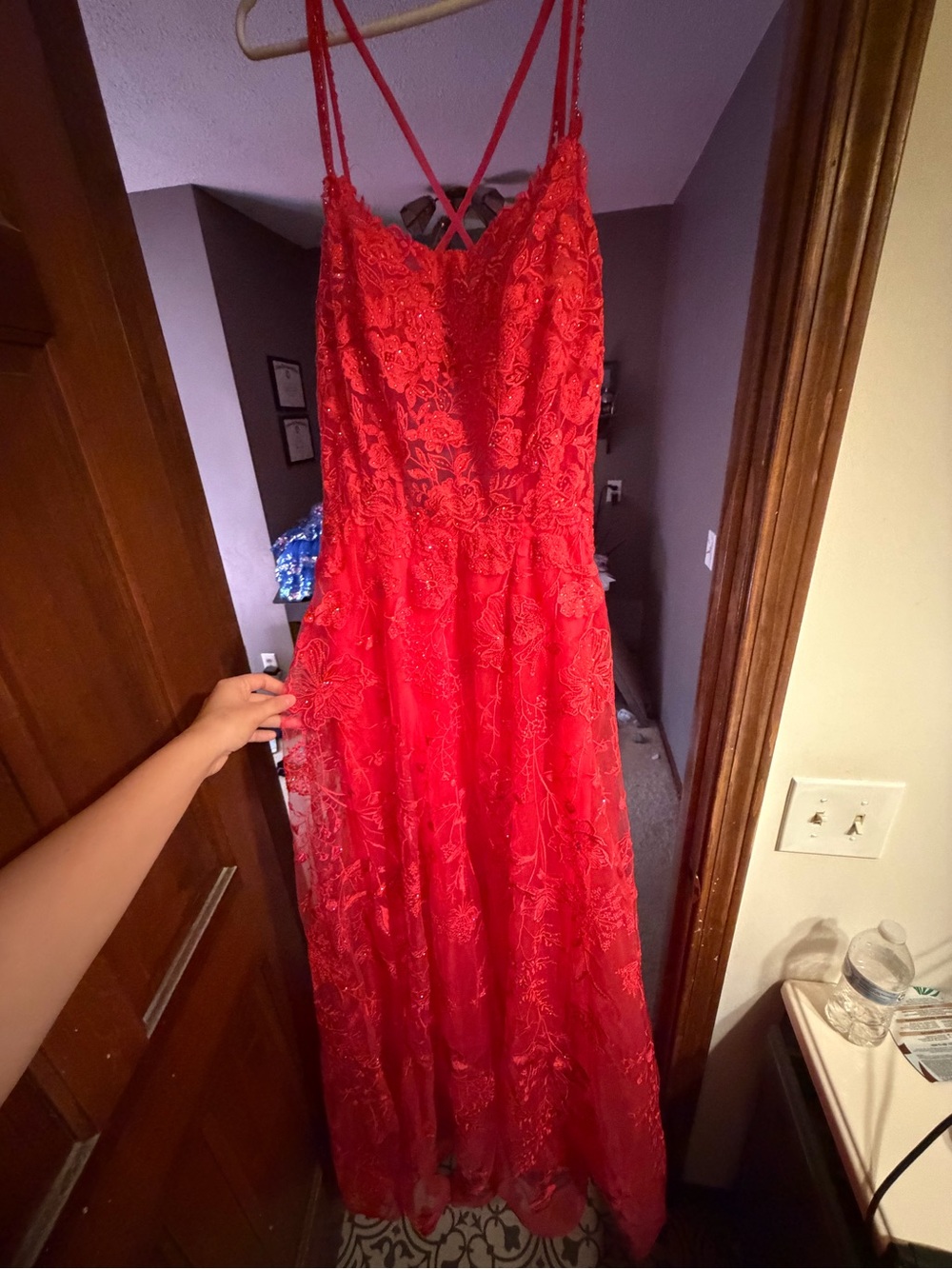 ellie wilde Red Lace Prom Gown with Strappy Back